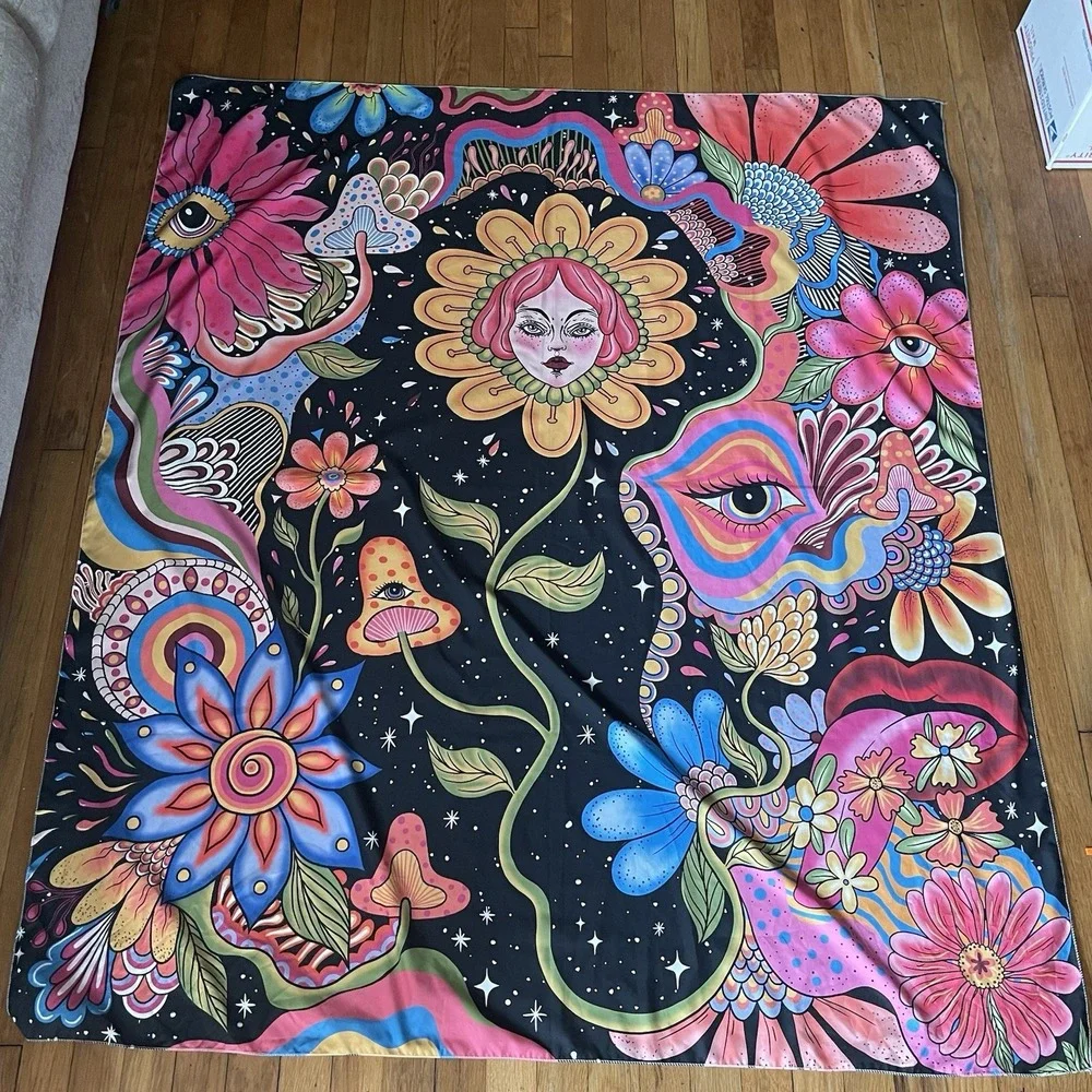 Psychedelic Sun Face Mushroom Tapestry Large Trippy Vibrant Color Wall Art 48x60